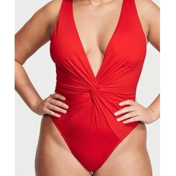 VICTORIA’S SECRET Twist Plunge One-Piece Solid Red Swimsuit Beach Summer Size M - Picture 2 of 7